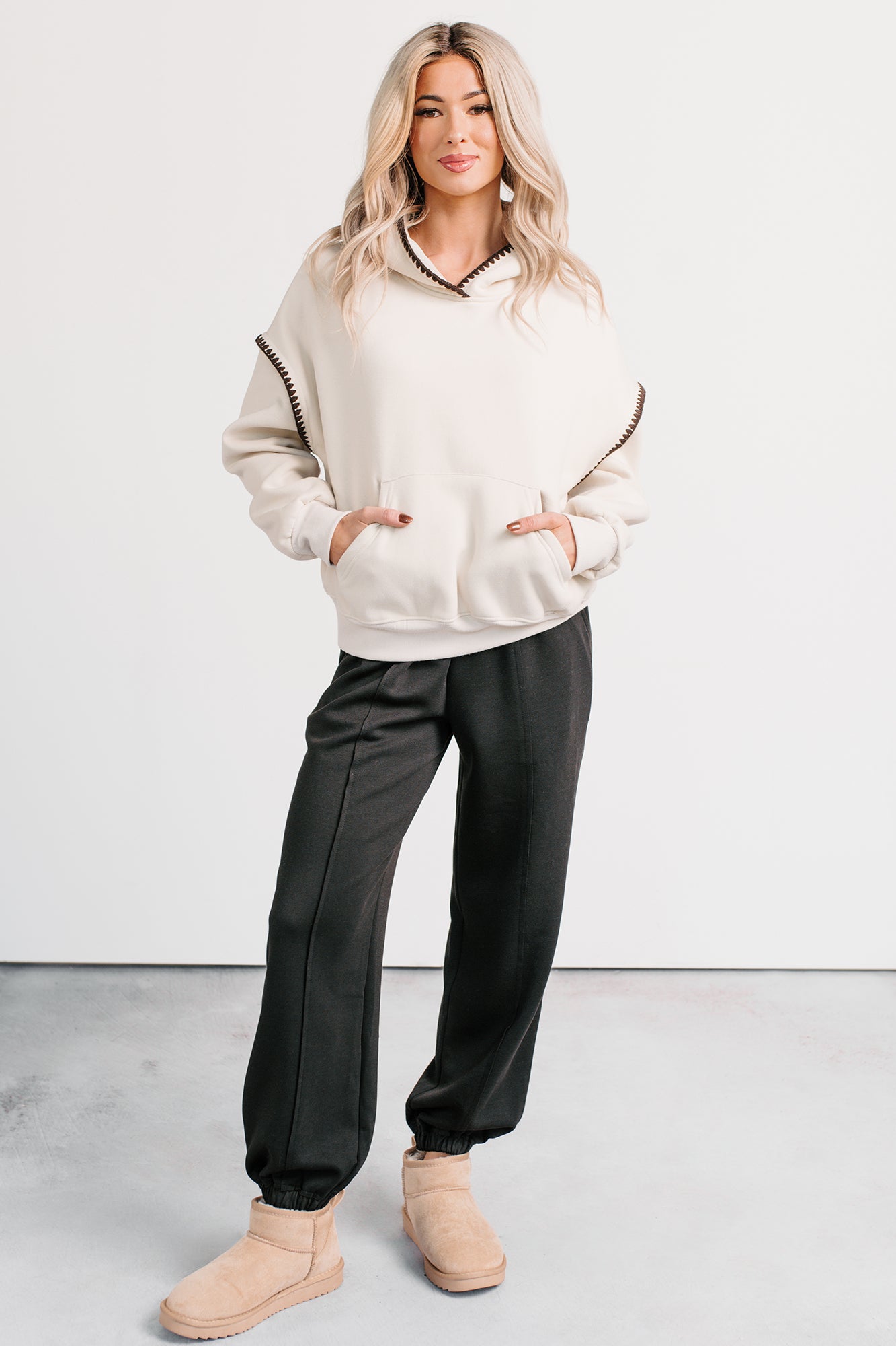 On Your Way Stitching Detail Hoodie (Cream) - NanaMacs