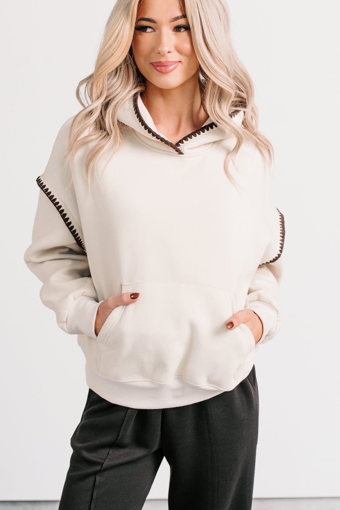 On Your Way Stitching Detail Hoodie (Cream) - NanaMacs