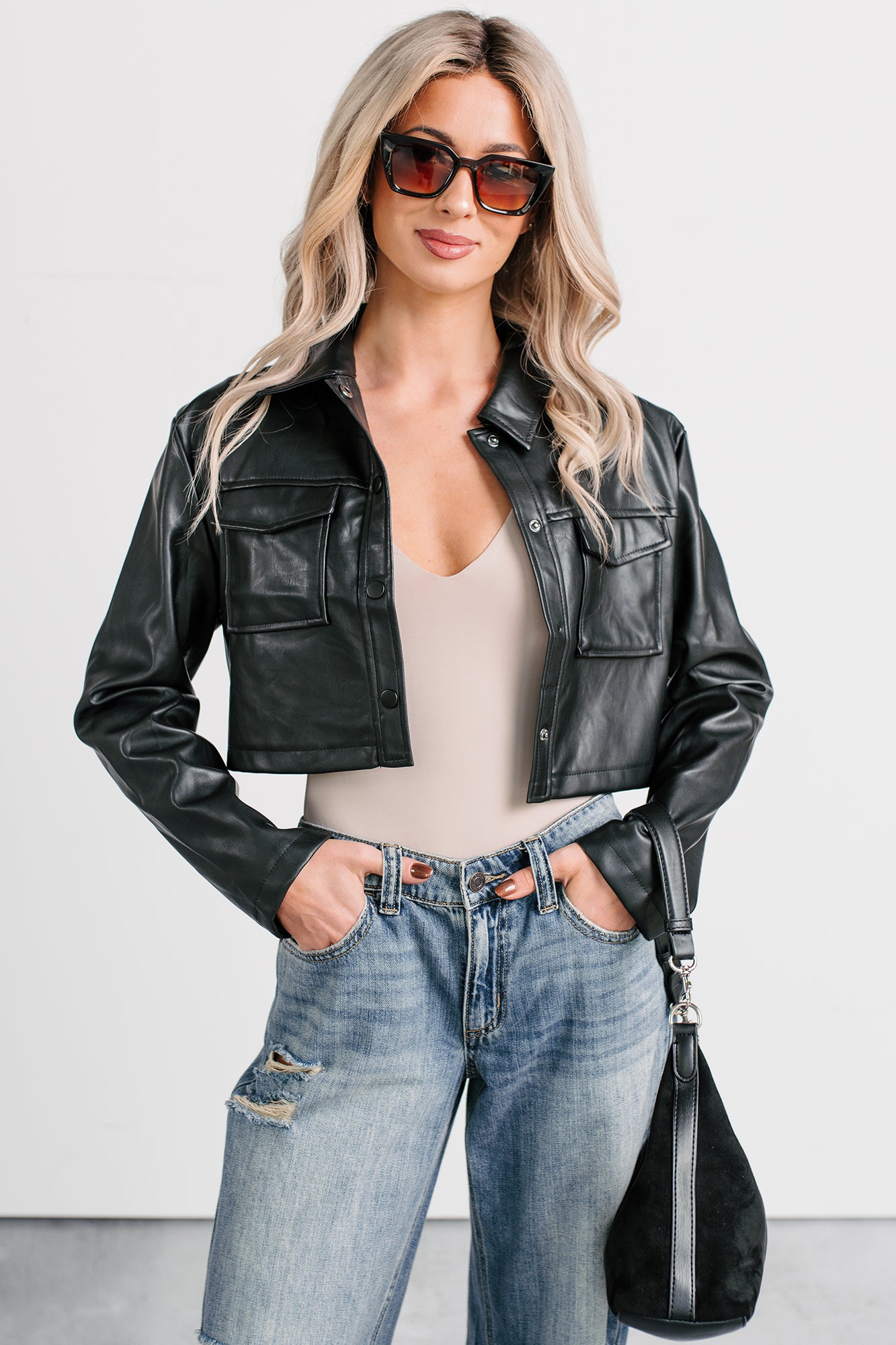 Deal With It Faux Leather Cropped Jacket (Black) - NanaMacs