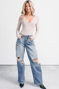 Daily Ease Long Sleeve V Neck Bodysuit (Light Taupe) - NanaMacs