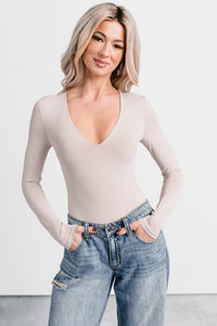 Daily Ease Long Sleeve V Neck Bodysuit (Light Taupe) - NanaMacs