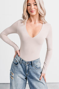 Daily Ease Long Sleeve V Neck Bodysuit (Light Taupe) - NanaMacs