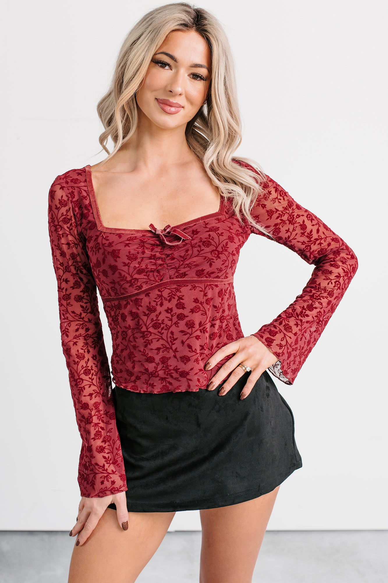 Heart’s Calling Long Sleeve Floral Top (Burgundy) - NanaMacs