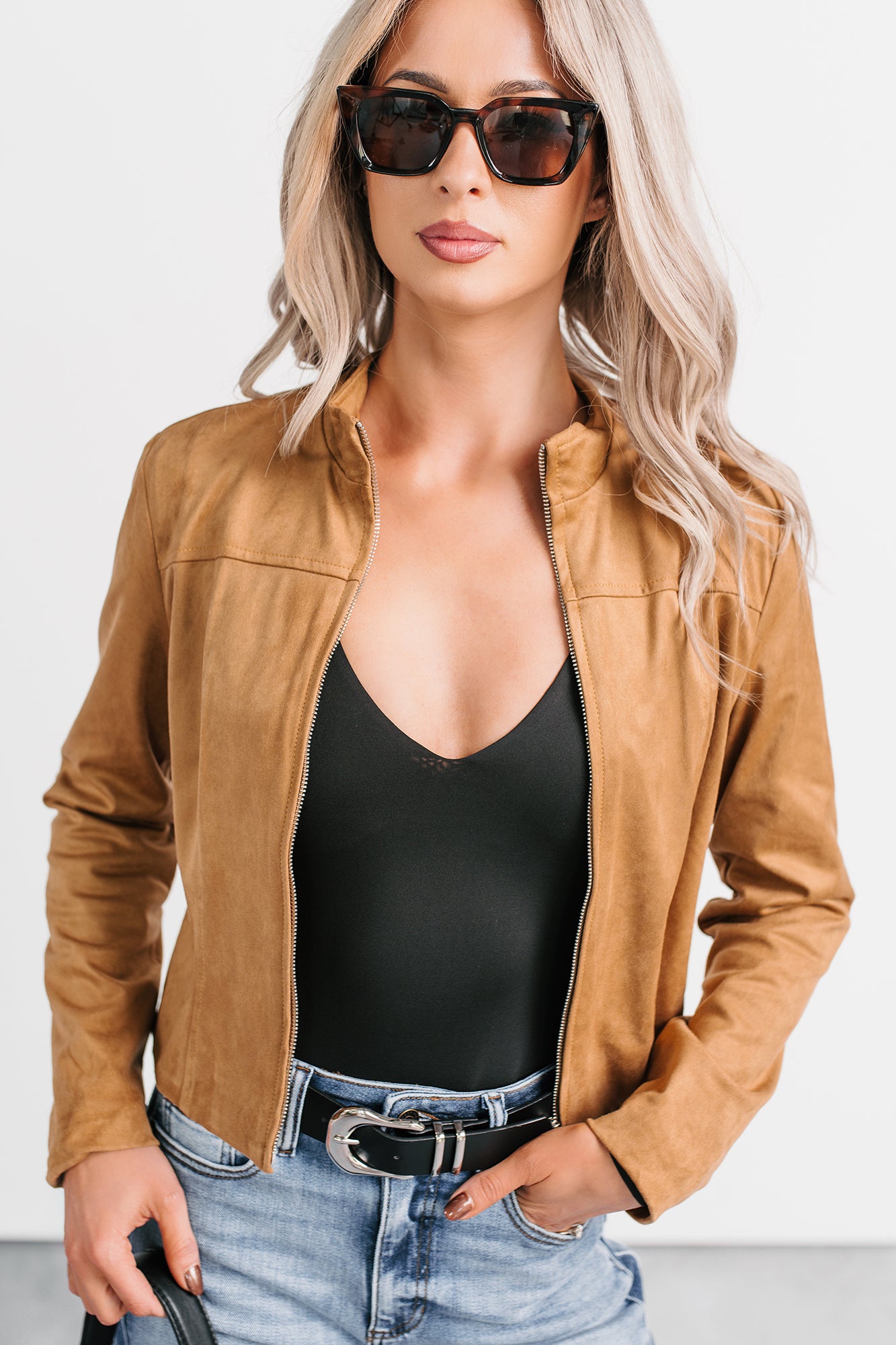 Just Simple Faux Suede Zip-Up Jacket (Camel) - NanaMacs