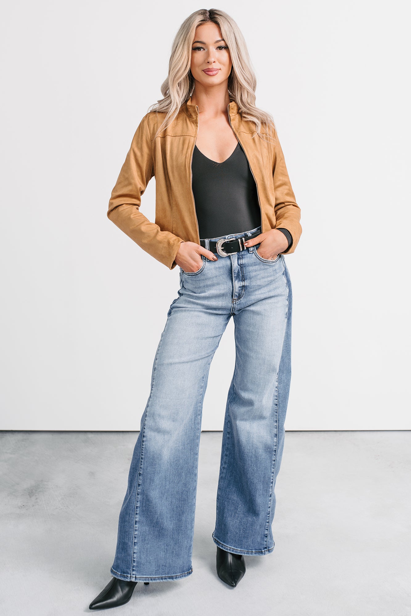 Just Simple Faux Suede Zip-Up Jacket (Camel) - NanaMacs