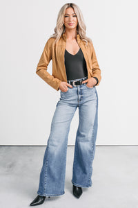 Just Simple Faux Suede Zip-Up Jacket (Camel) - NanaMacs