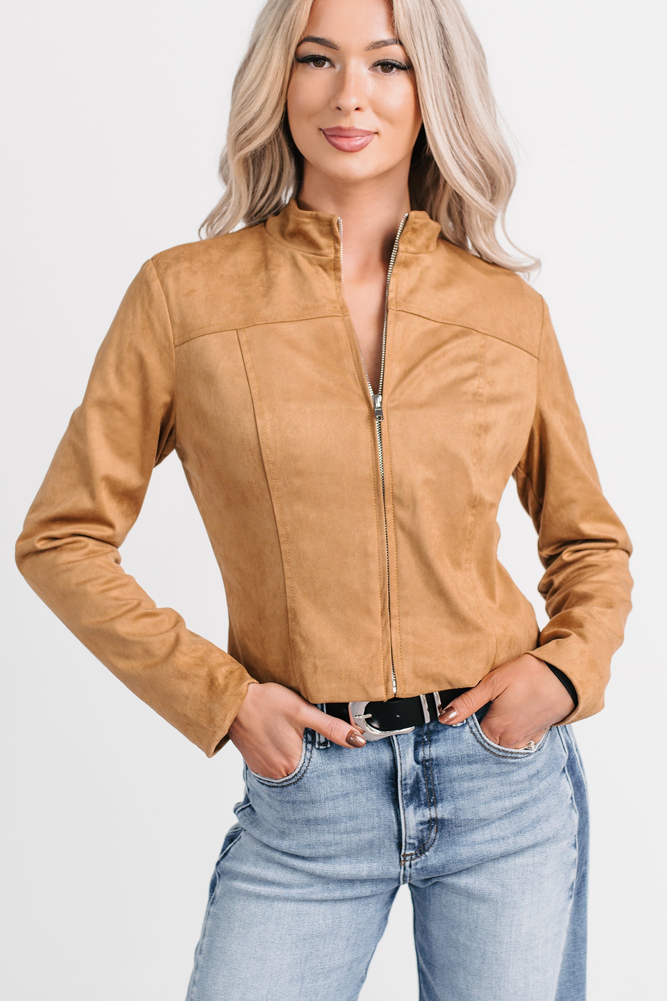 Just Simple Faux Suede Zip-Up Jacket (Camel) - NanaMacs