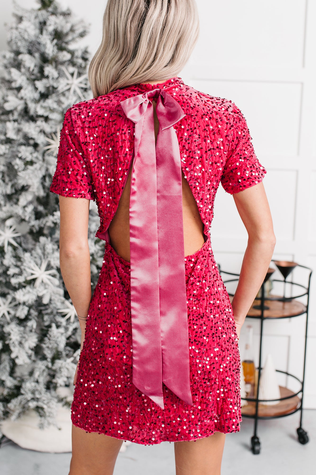 Playful Heart Bow Detail Sequin Mini Dress (Magenta) - NanaMacs