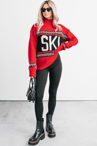 Ski You Later Graphic Mock Neck Sweater (Red) - NanaMacs