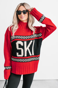 Ski You Later Graphic Mock Neck Sweater (Red) - NanaMacs