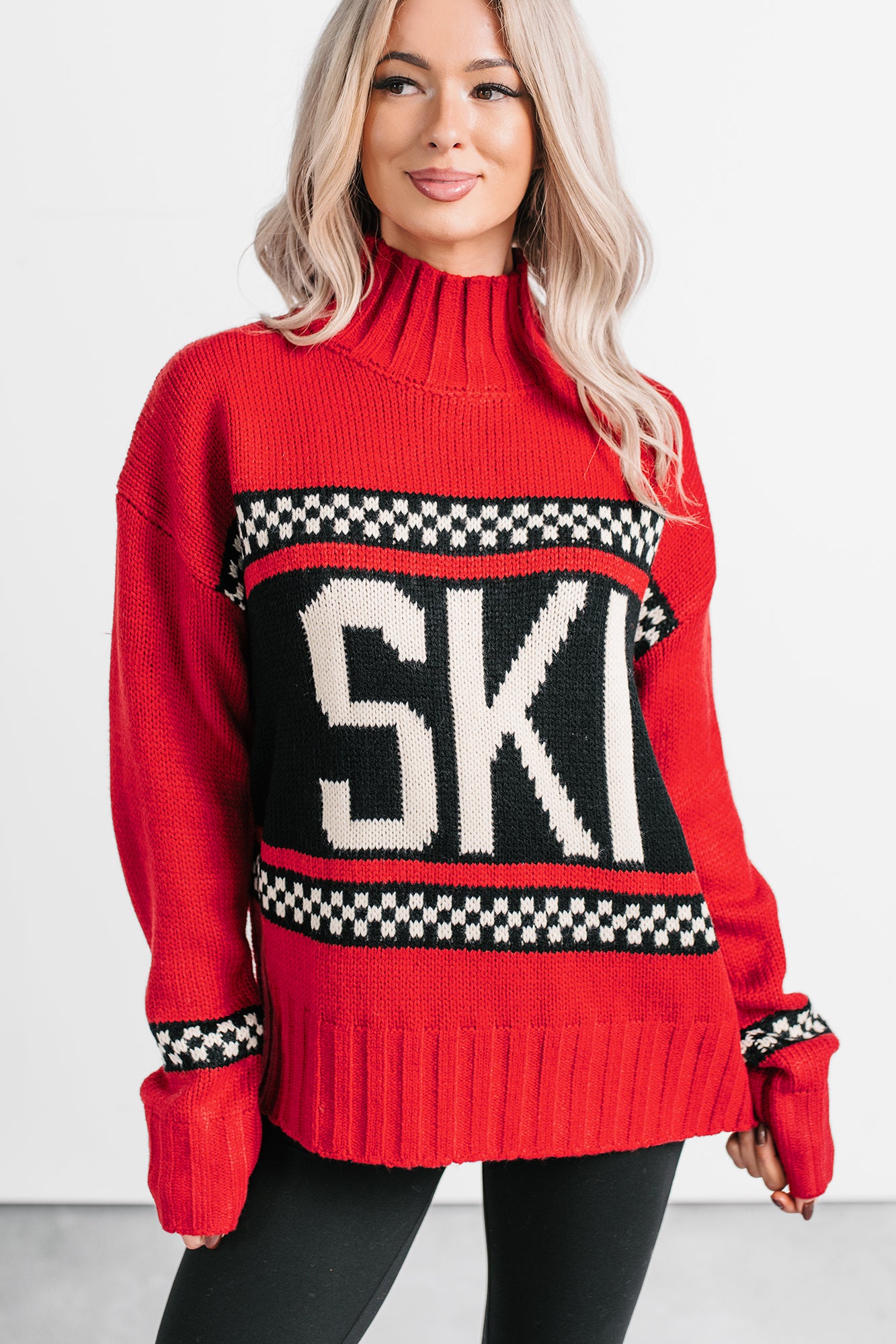 Ski You Later Graphic Mock Neck Sweater (Red) - NanaMacs