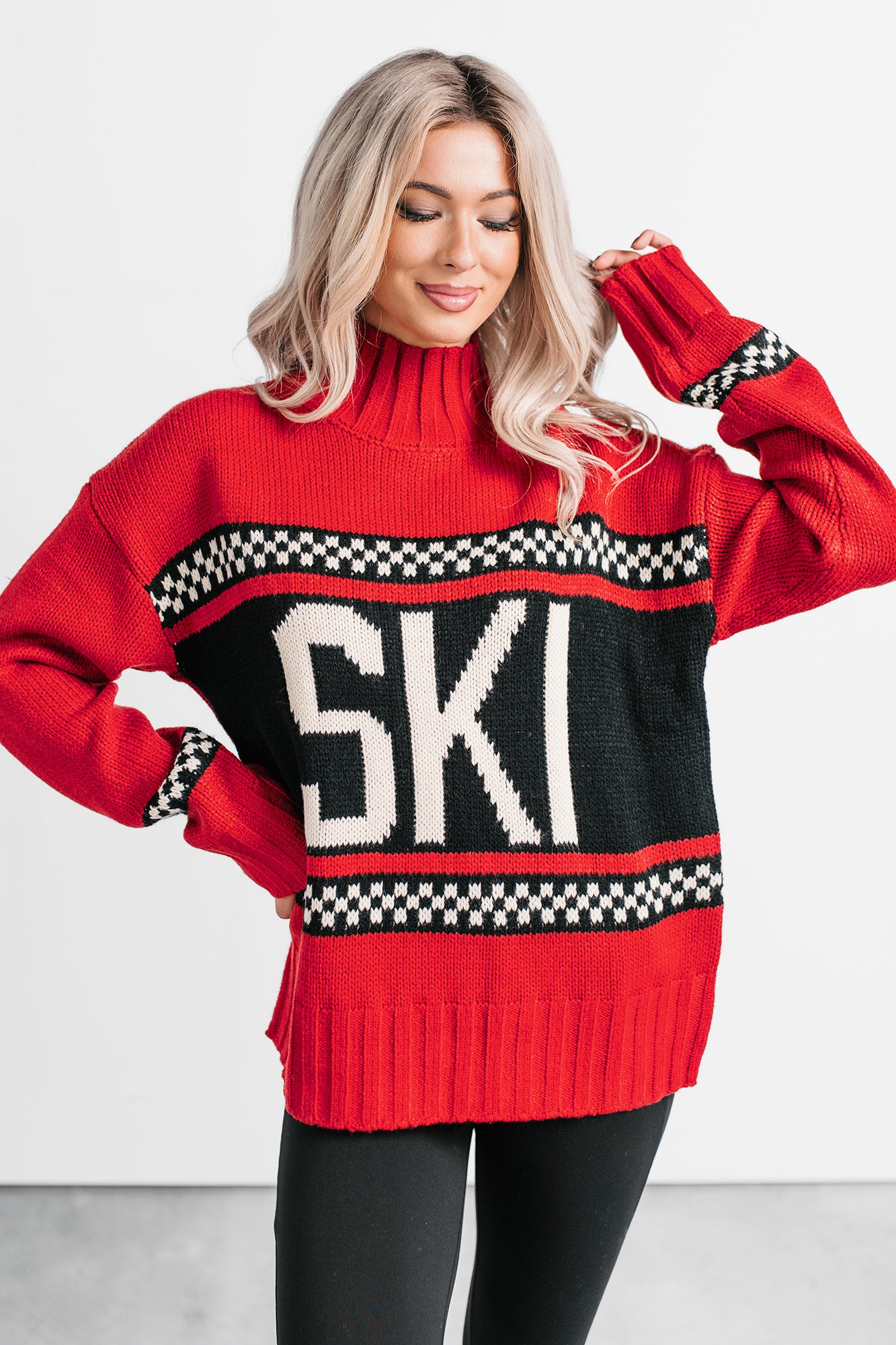 Ski You Later Graphic Mock Neck Sweater (Red) - NanaMacs