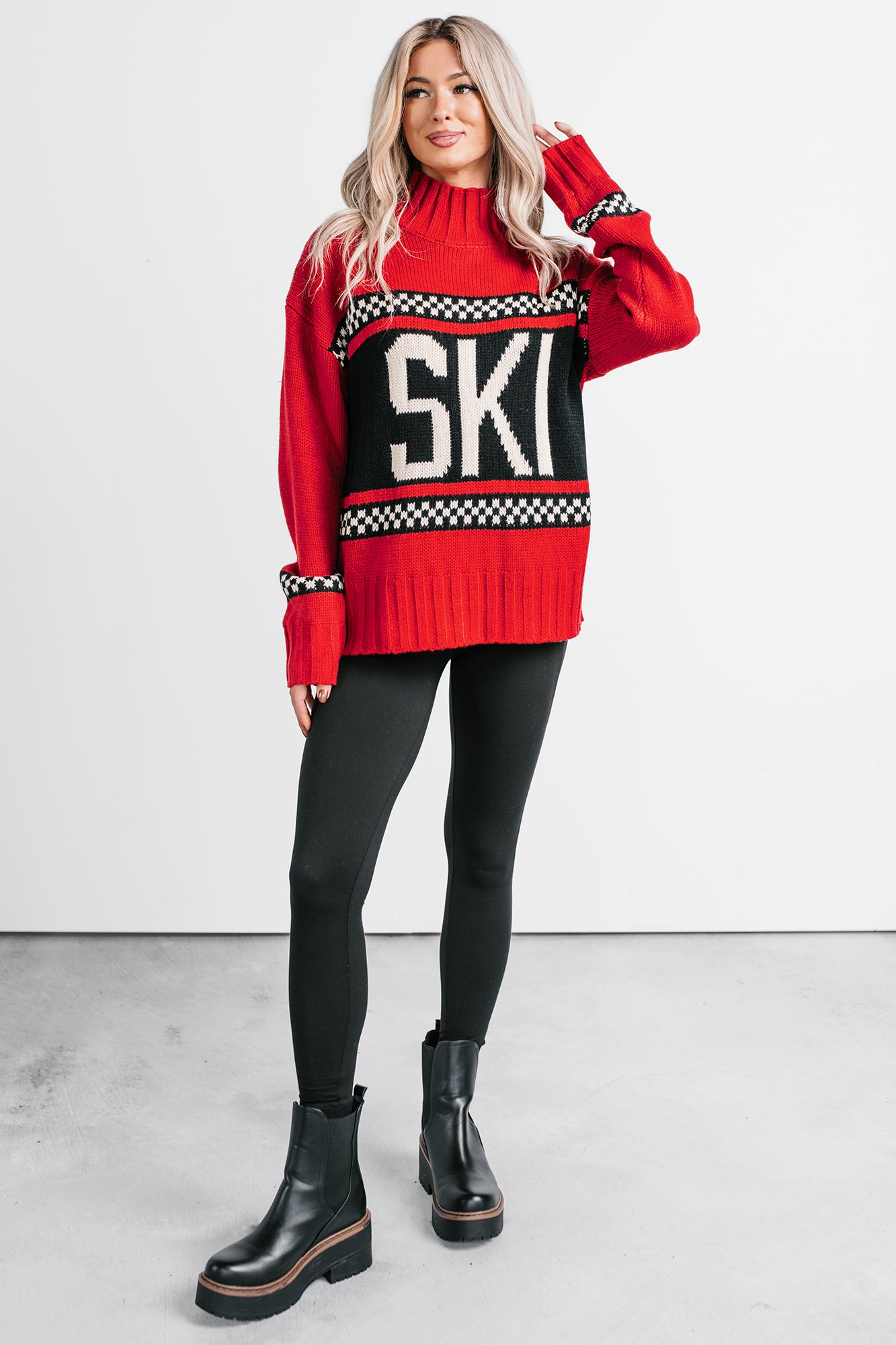 Ski You Later Graphic Mock Neck Sweater (Red) - NanaMacs