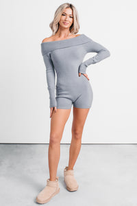 Unrequited Love Off Shoulder Long Sleeve Romper (Dusty Blue)