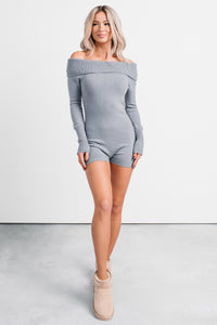 Unrequited Love Off Shoulder Long Sleeve Romper (Dusty Blue)
