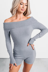 Unrequited Love Off Shoulder Long Sleeve Romper (Dusty Blue)