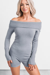 Unrequited Love Off Shoulder Long Sleeve Romper (Dusty Blue)