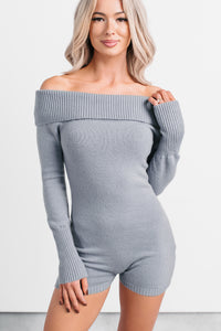 Unrequited Love Off Shoulder Long Sleeve Romper (Dusty Blue)