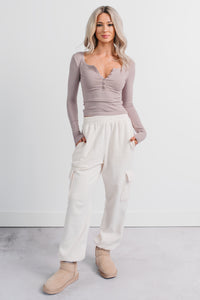 Keep On Going Long Sleeve Henley Top (Taupe) - NanaMacs