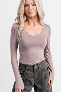 Unsaid Things Long Sleeve V Neck Top (Dark Coco) - NanaMacs