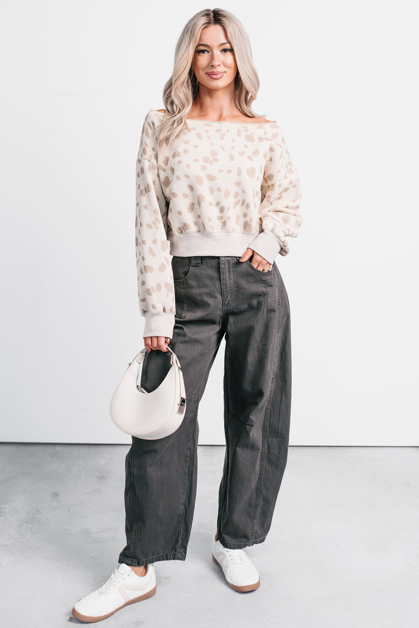 As You Are Cheetah Print Off The Shoulder Sweatshirt (Cream/Taupe) - NanaMacs