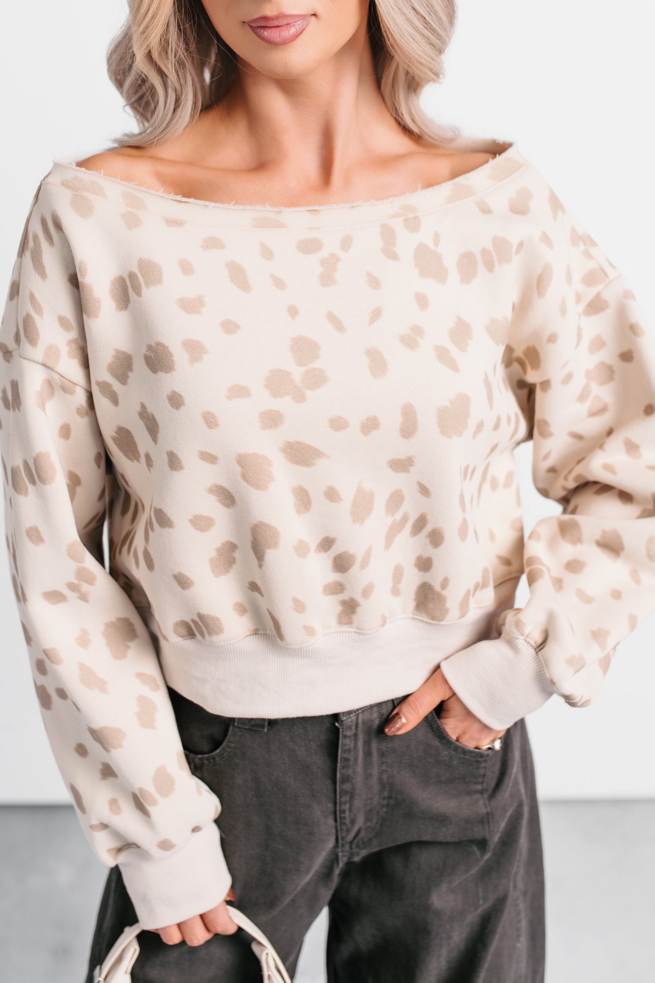 As You Are Cheetah Print Off The Shoulder Sweatshirt (Cream/Taupe) - NanaMacs