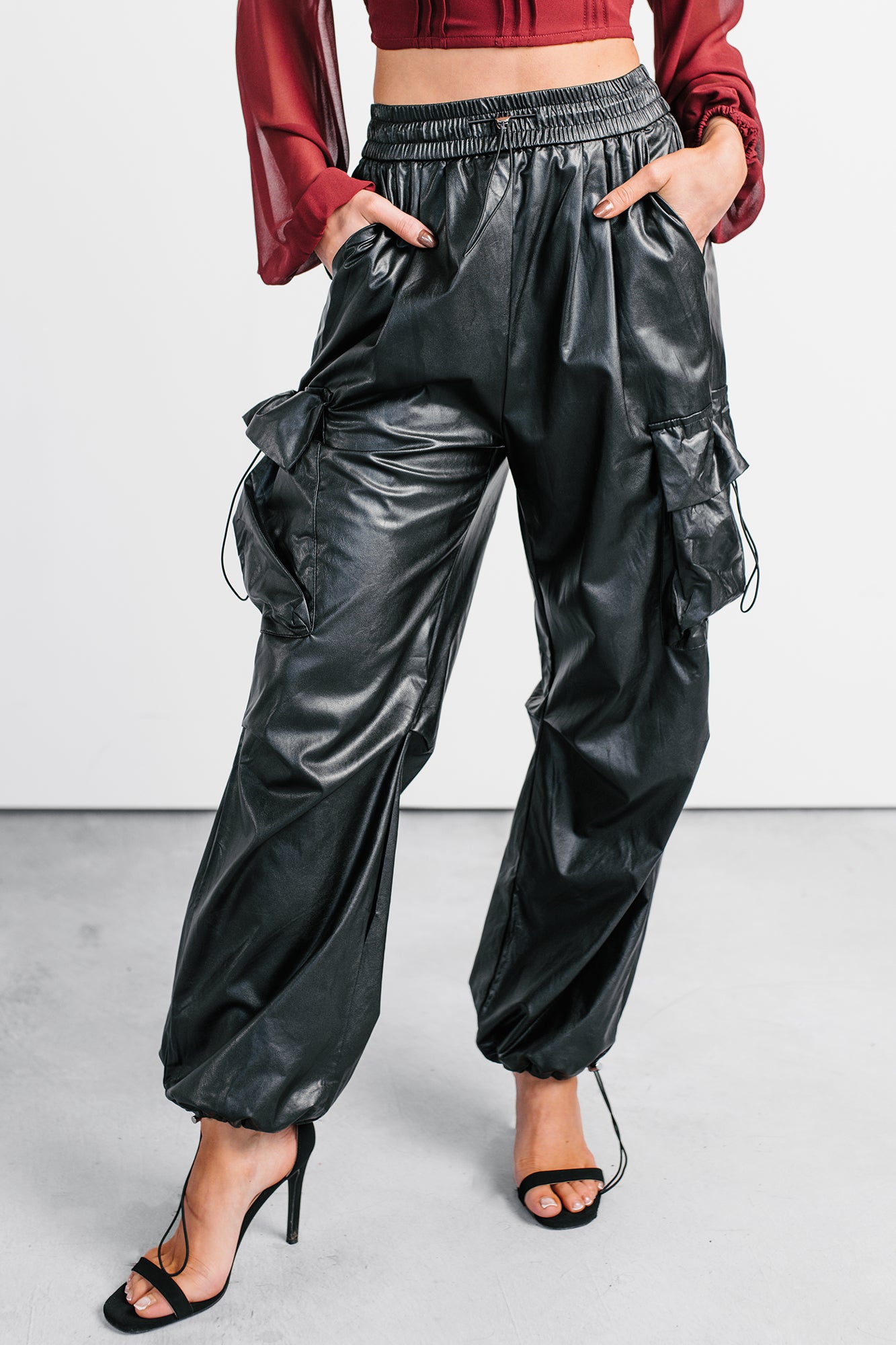 Don’t Be Shy Faux Leather Cargo Pants (Black) - NanaMacs