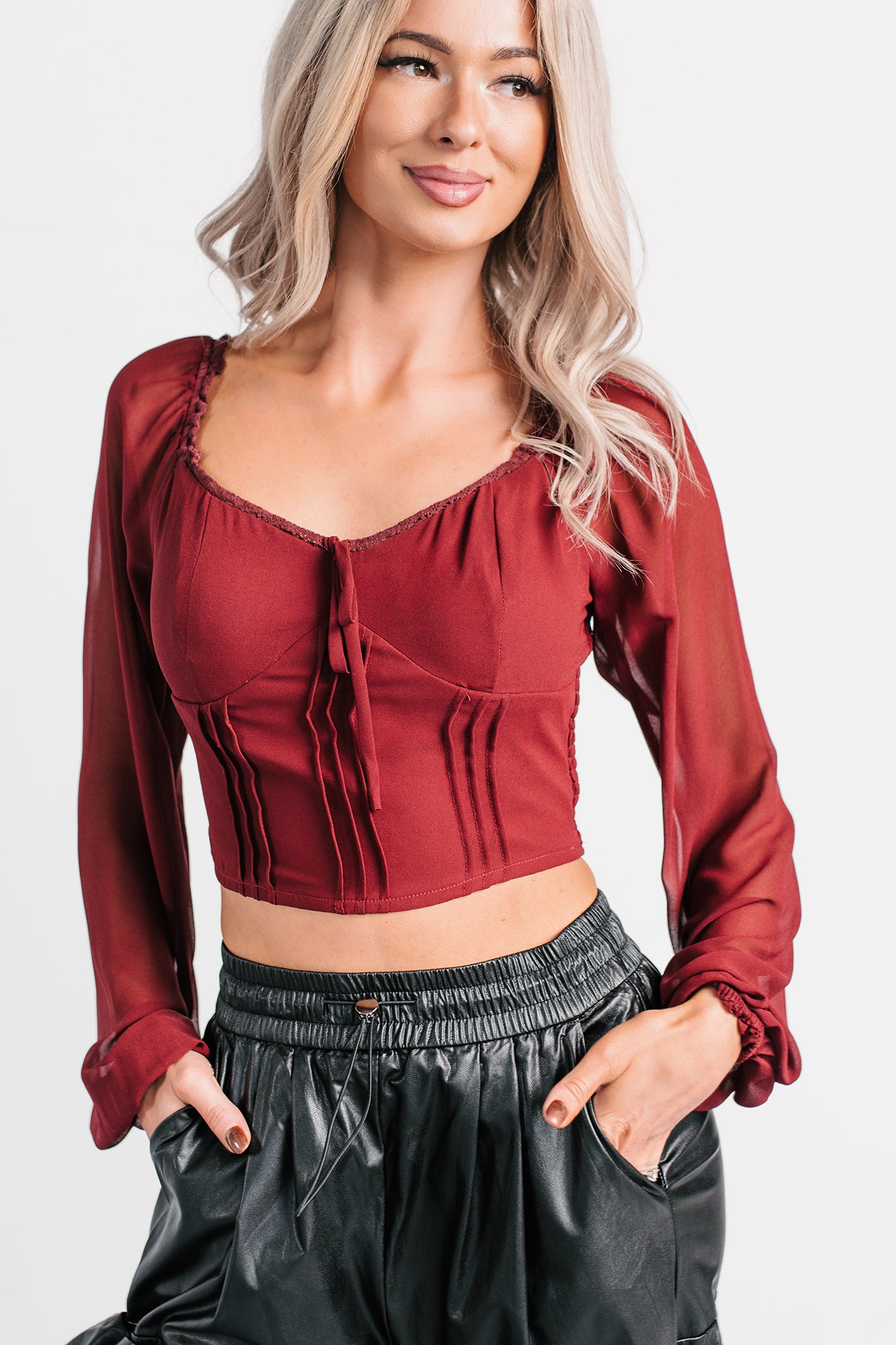 Forever This Way Lace Trim Peasant Blouse (Burgundy) - NanaMacs