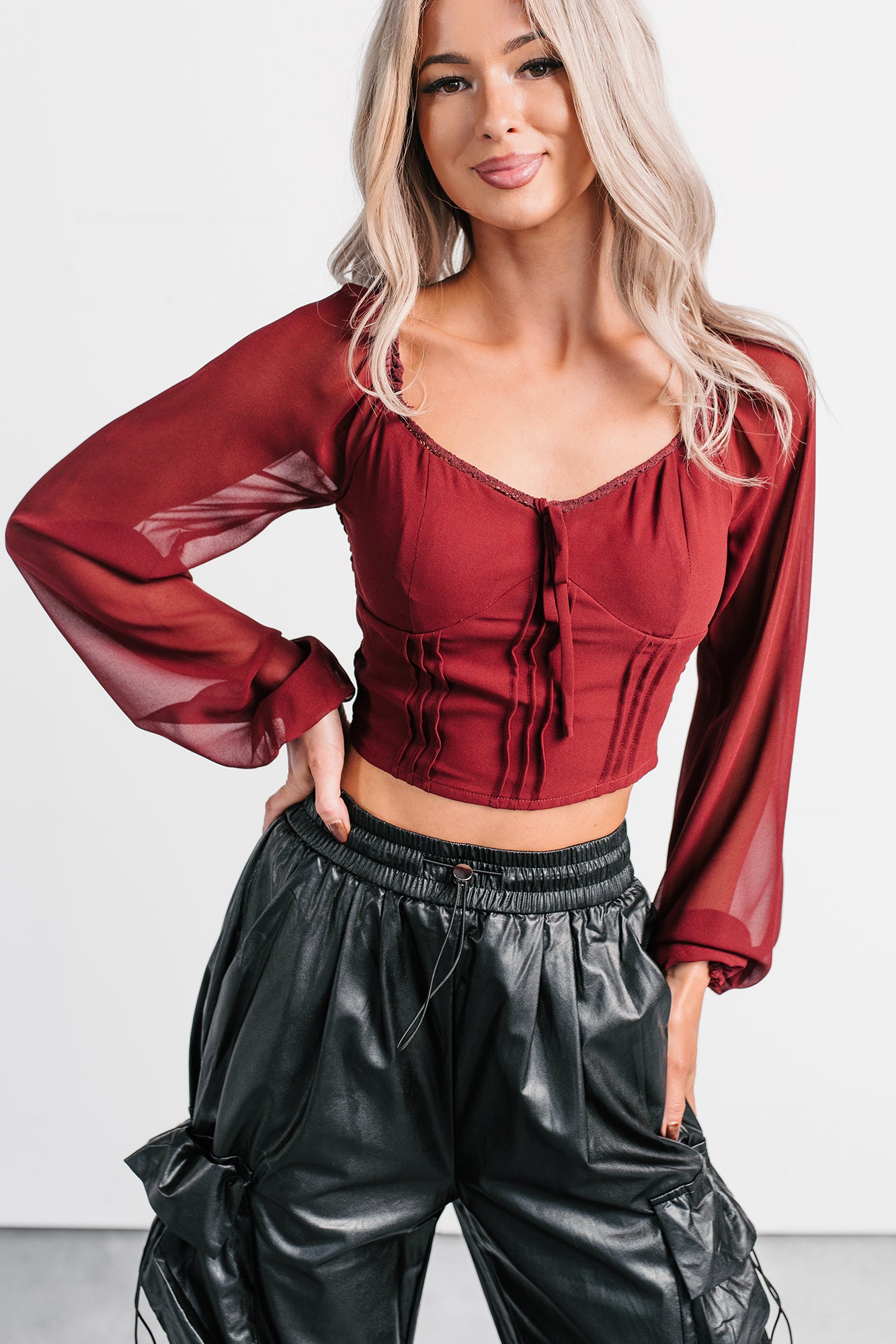 Forever This Way Lace Trim Peasant Blouse (Burgundy) - NanaMacs