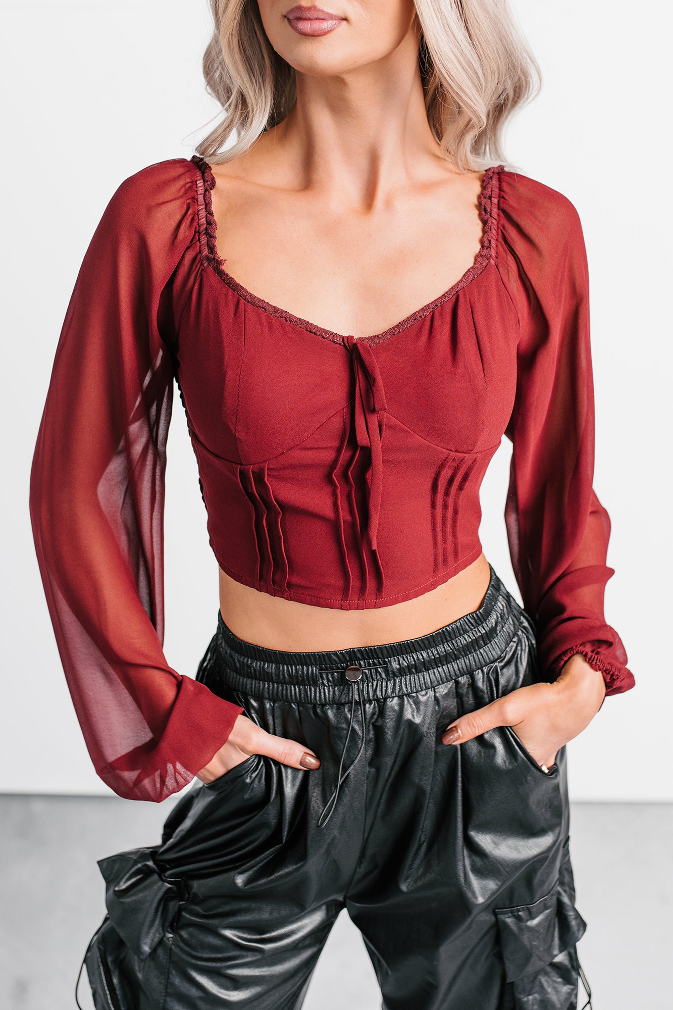 Forever This Way Lace Trim Peasant Blouse (Burgundy) - NanaMacs