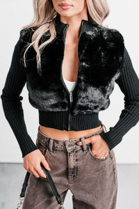 Romantic Dreams Faux Fur Front Zip Cardigan (Black) - NanaMacs
