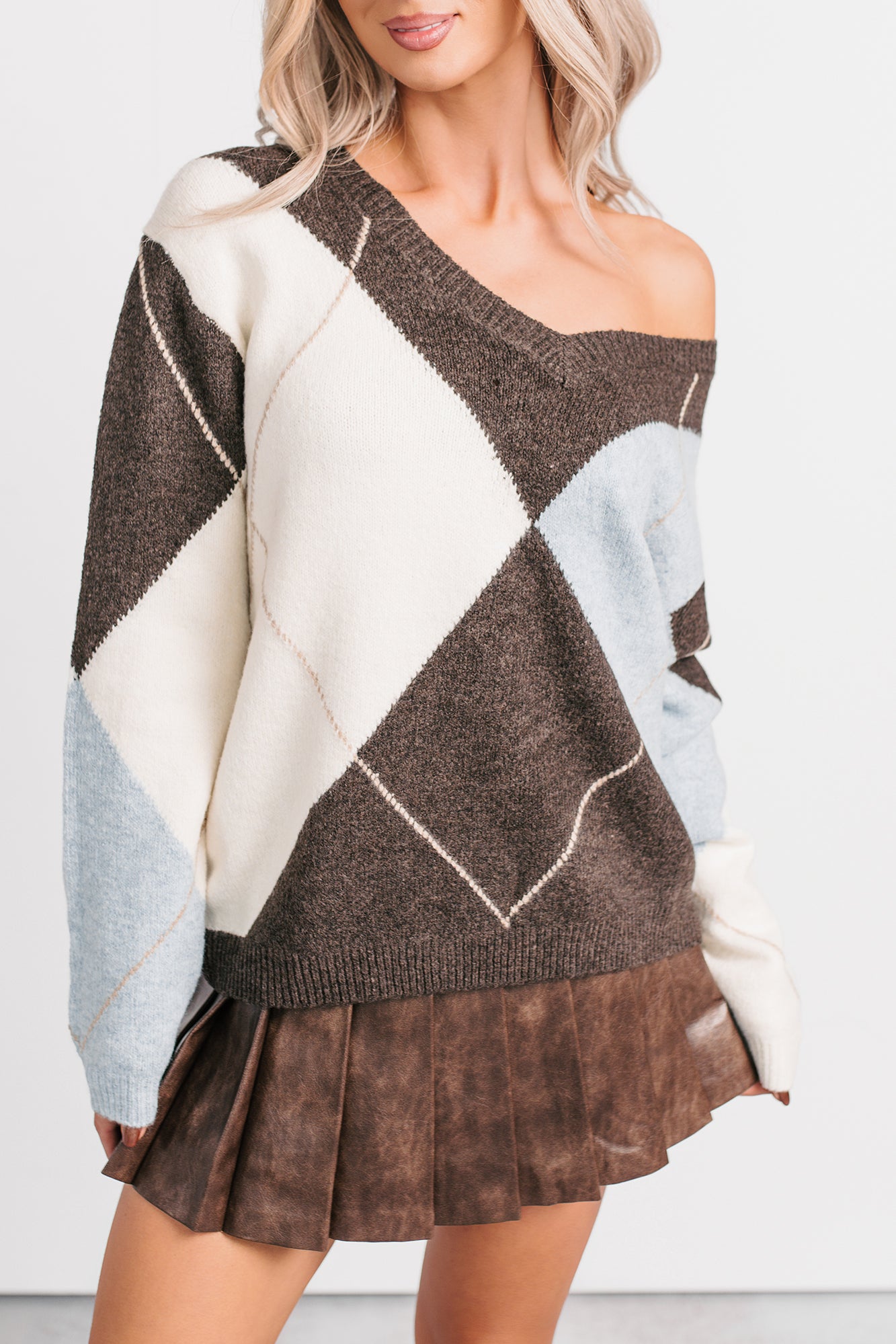 No Place Else Argyle Knit Sweater (Brown/Multi) - NanaMacs