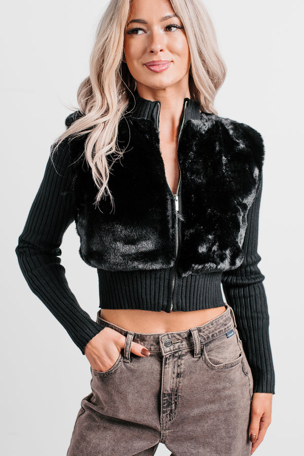 Romantic Dreams Faux Fur Front Zip Cardigan (Black) - NanaMacs