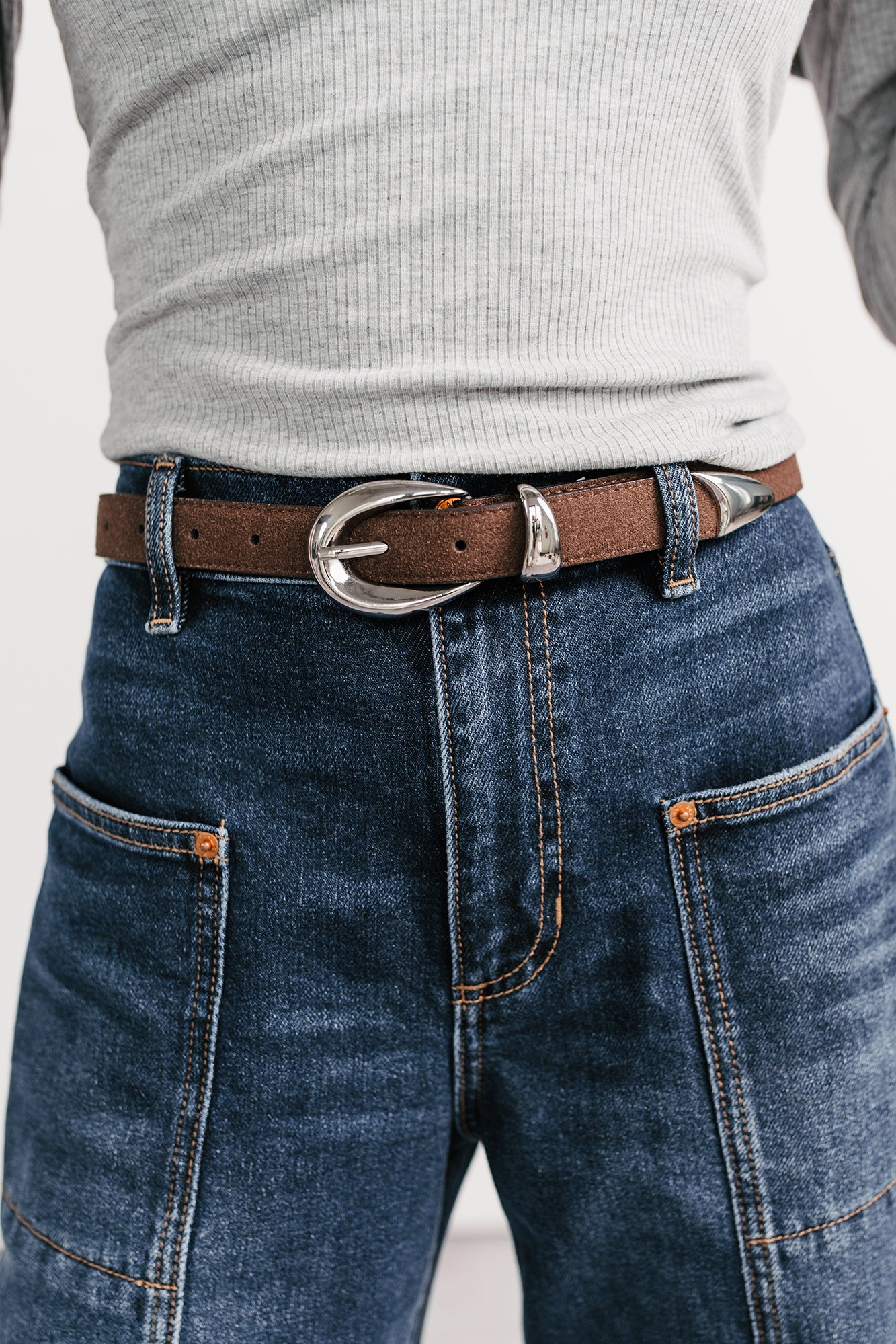 Rocco Oval Buckle Faux Leather Belt (Silver/Dark Brown) - NanaMacs