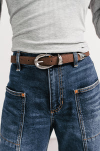 Rocco Oval Buckle Faux Leather Belt (Silver/Dark Brown) - NanaMacs