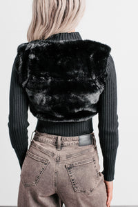 Romantic Dreams Faux Fur Front Zip Cardigan (Black) - NanaMacs