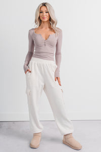 Keep On Going Long Sleeve Henley Top (Taupe) - NanaMacs
