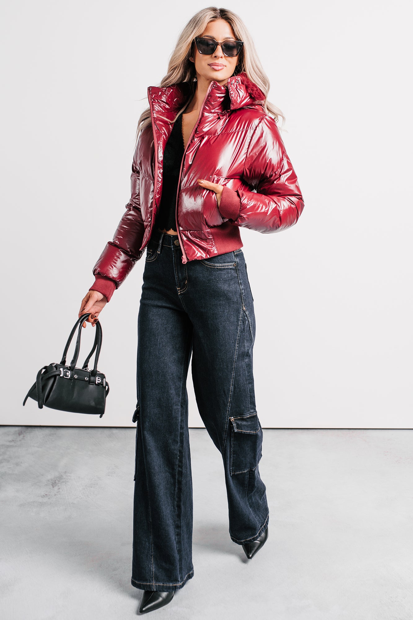 Show You How Faux Fur Hooded Puffer Jacket (Burgundy) - NanaMacs