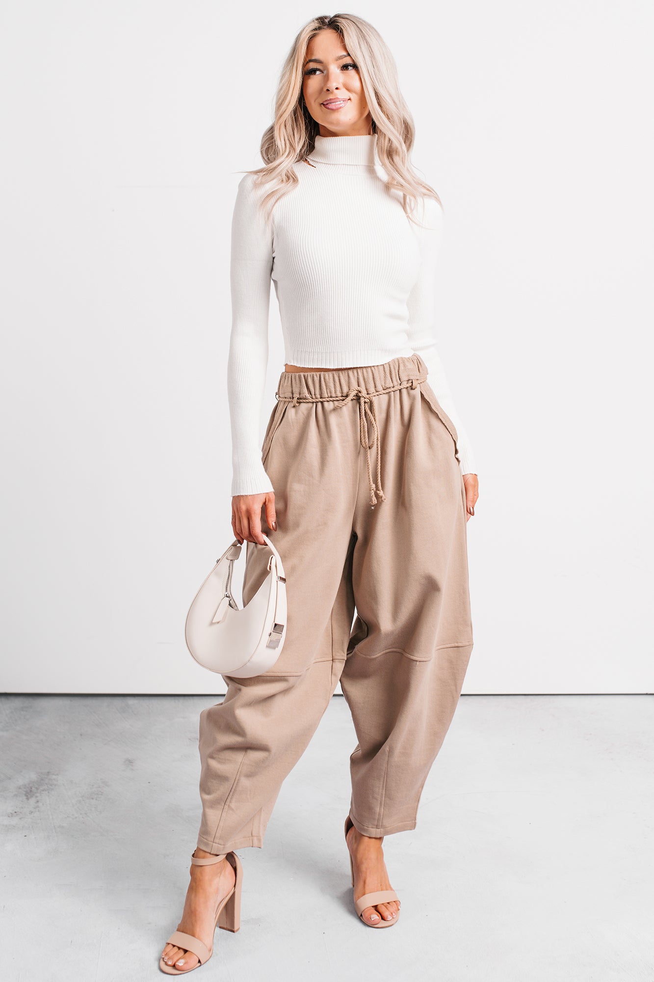 Wandering Home Braided Tie Barrel Sweatpants (Taupe) - NanaMacs