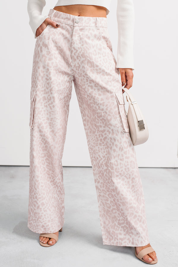 Reyna Wide Leg Leopard Cargo Jeans (Pink/White)
