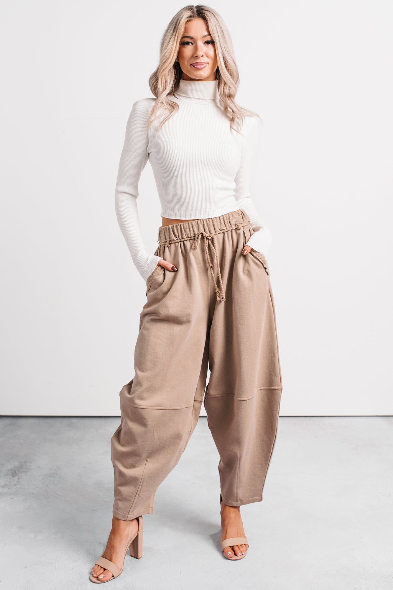 Wandering Home Braided Tie Barrel Sweatpants (Taupe) · NanaMacs