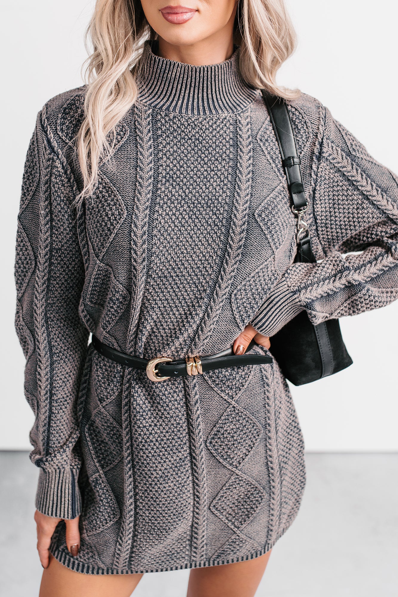 Cozy Blend Cable Knit Sweater Mini Dress (Navy/Mauve) - NanaMacs