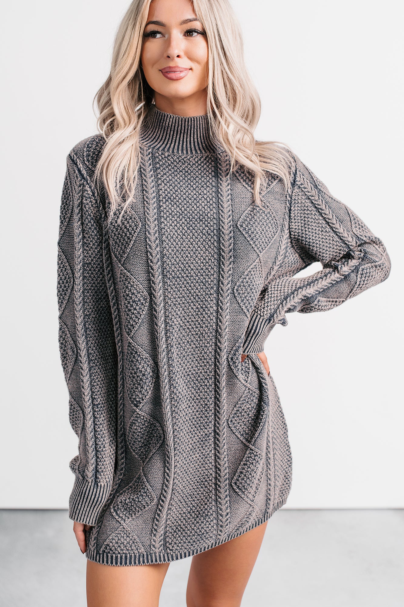 Cozy Blend Cable Knit Sweater Mini Dress (Navy/Mauve) - NanaMacs