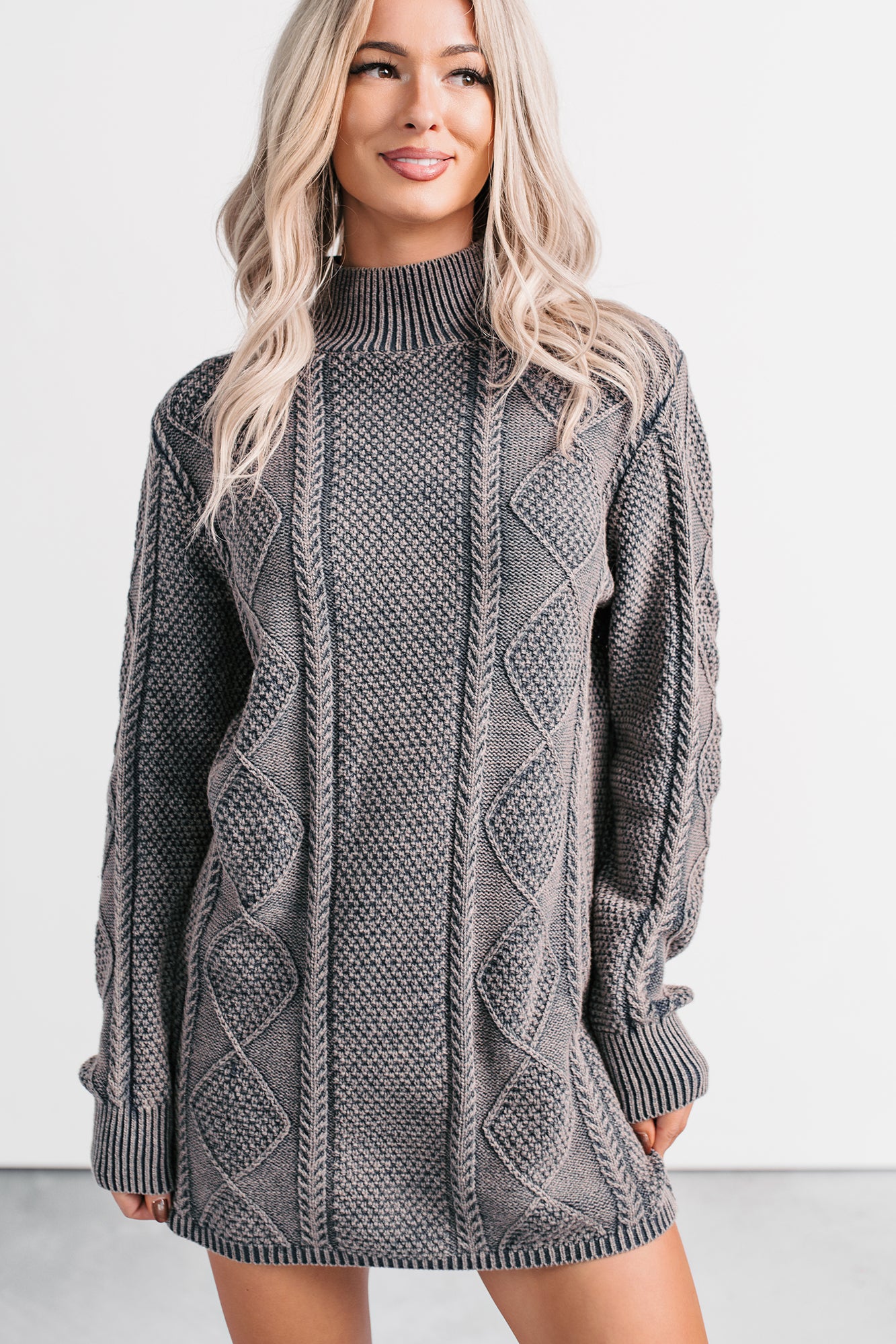 Cozy Blend Cable Knit Sweater Mini Dress (Navy/Mauve) · NanaMacs