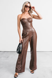 Stand By Me Faux Leather Strapless Jumpsuit (Dark Cognac) - NanaMacs