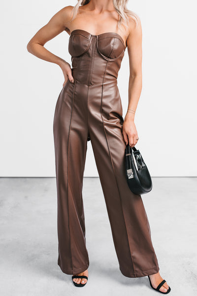 Stand By Me Faux Leather Strapless Jumpsuit (Dark Cognac)