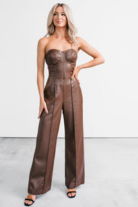 Stand By Me Faux Leather Strapless Jumpsuit (Dark Cognac) - NanaMacs