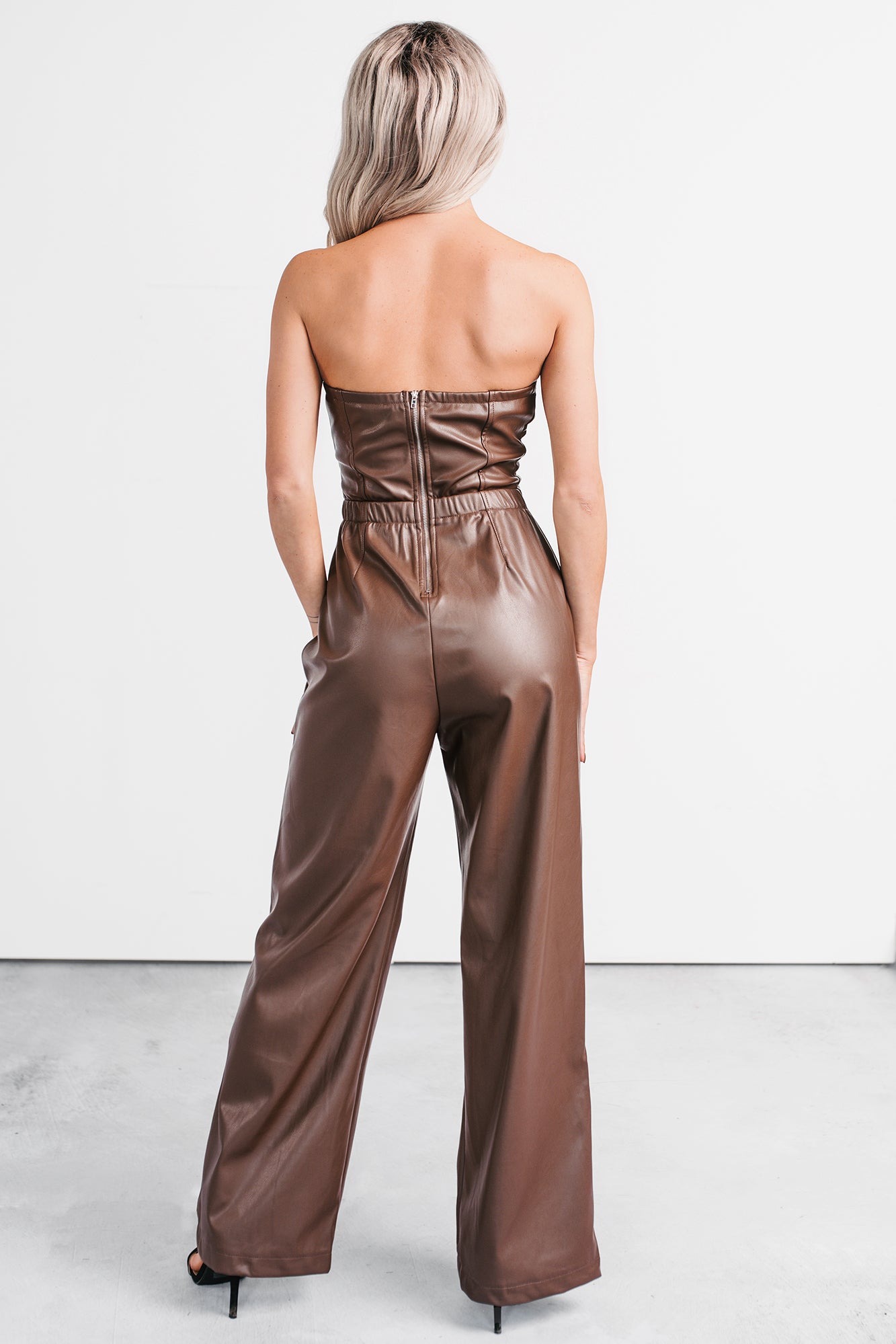 Stand By Me Faux Leather Strapless Jumpsuit (Dark Cognac) - NanaMacs