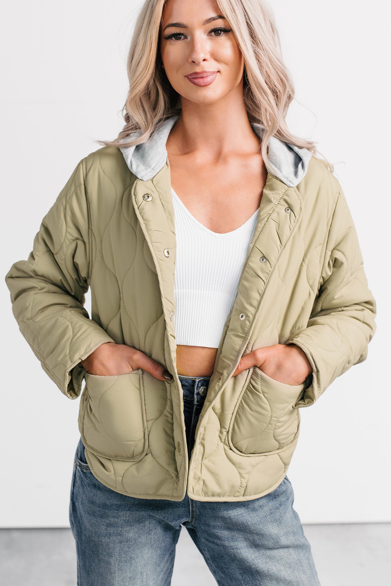 City Stitch Hooded Lightweight Quilted Jacket (Olive) - NanaMacs