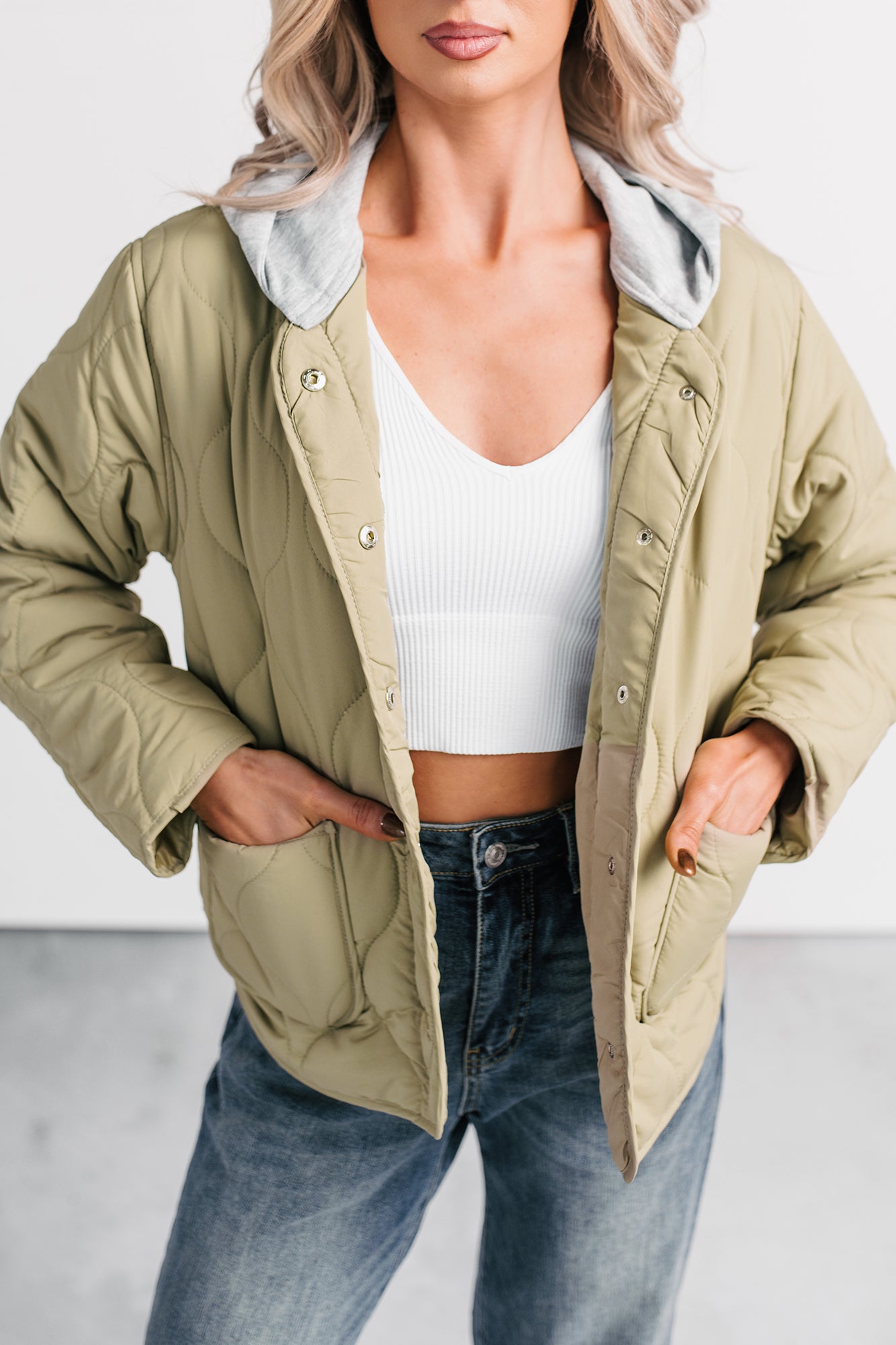 City Stitch Hooded Lightweight Quilted Jacket (Olive) - NanaMacs